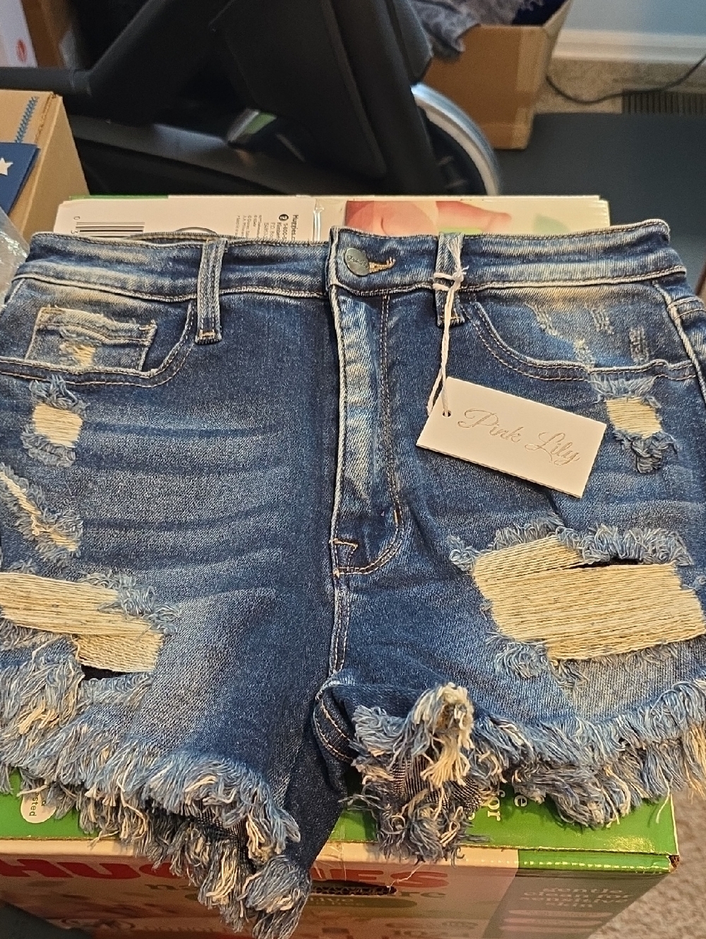 Pink Lily Ripped Frayed Denim Shorts in Blue
